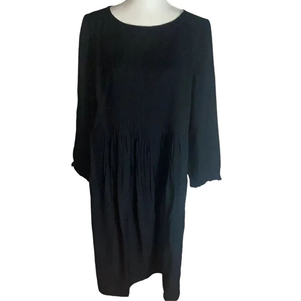 J Jill Womens Black Long Sleeve Pintuck Pleated Ruffle Trim Dress Medium
